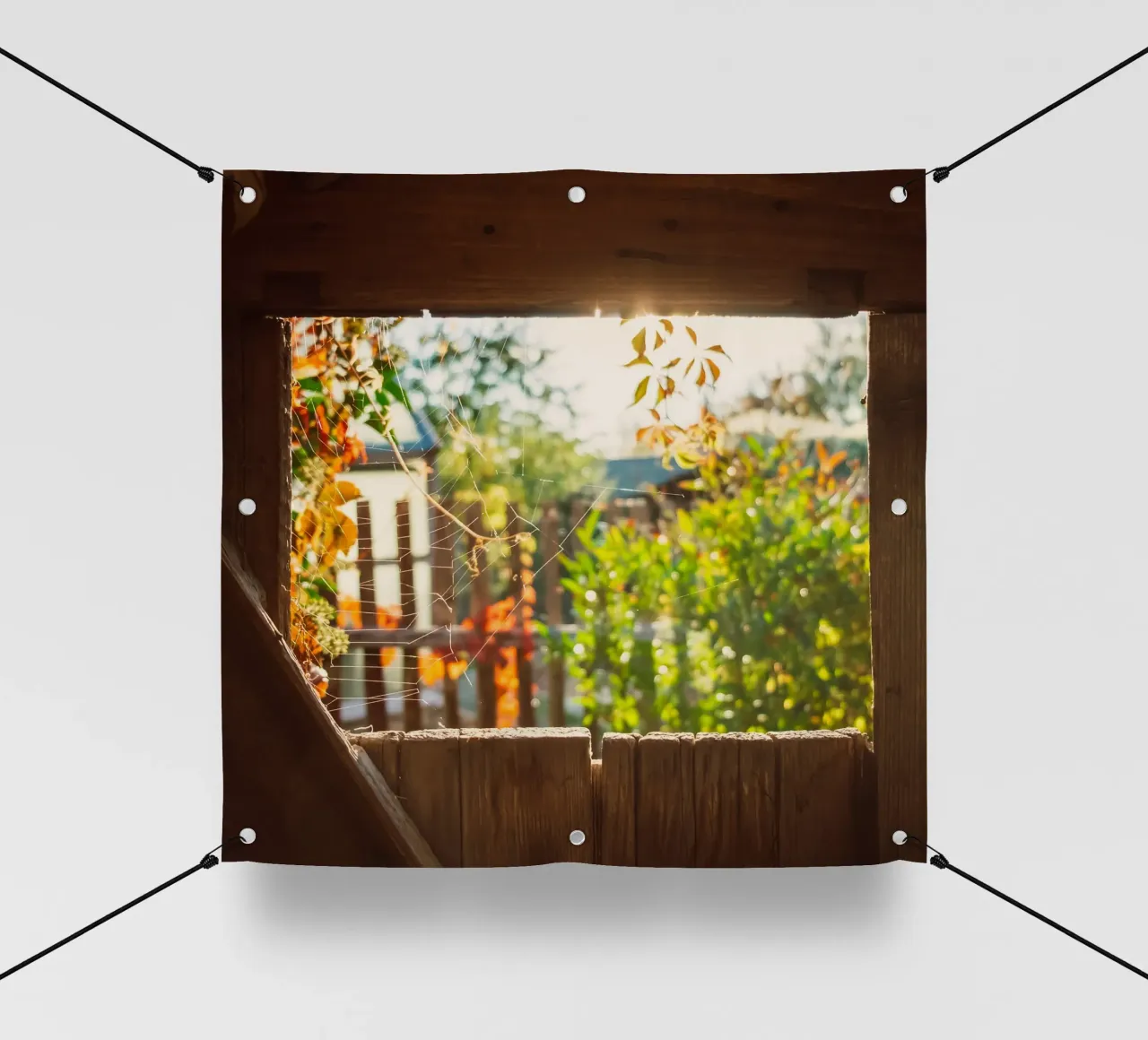 Vue sur l'automne doré à travers une toile d'araignée bâche pvc de Natur Wandbild — Orte für die Seele