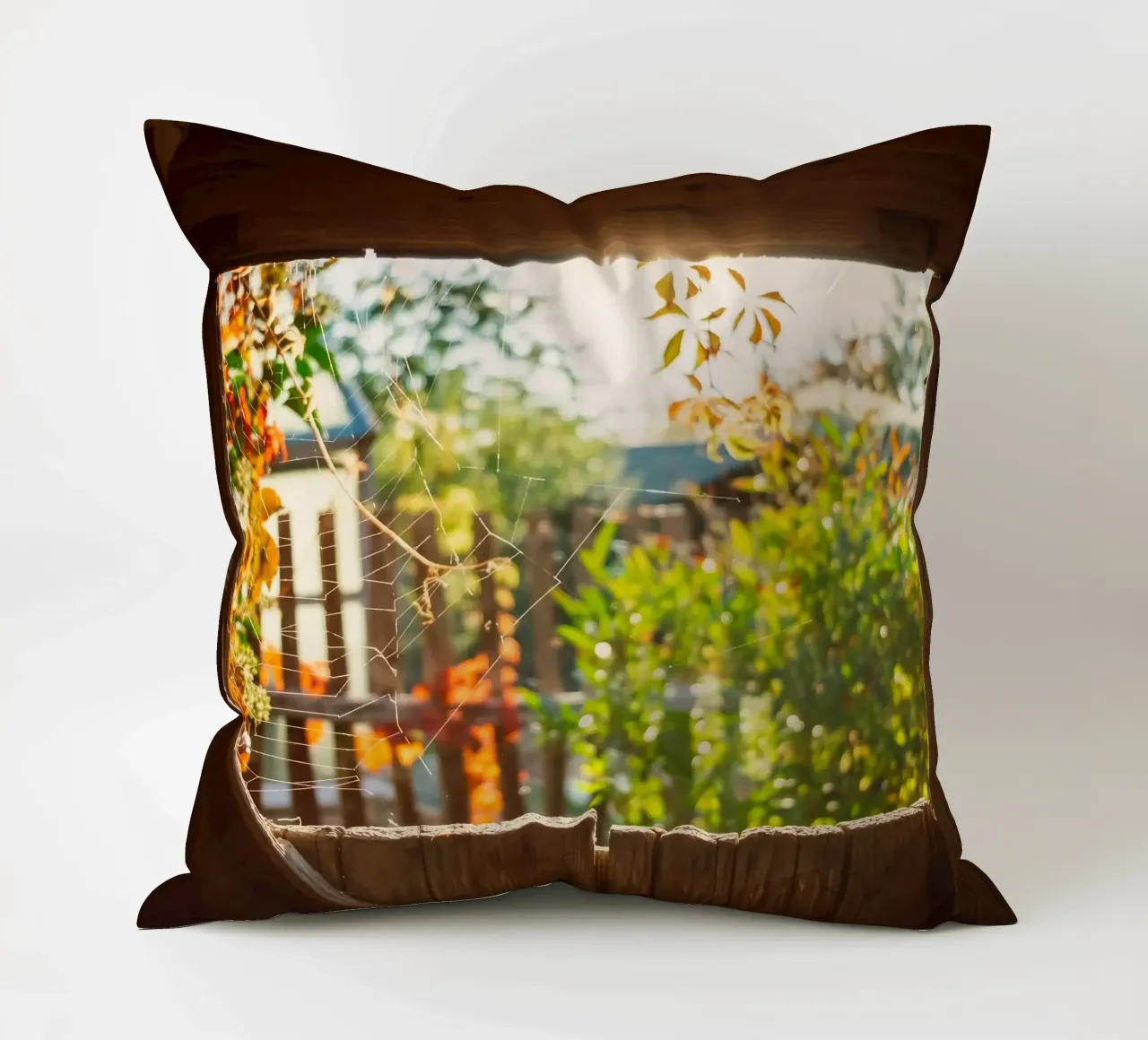 Vue sur l'automne doré à travers une toile d'araignée coussin de Natur Wandbild — Orte für die Seele