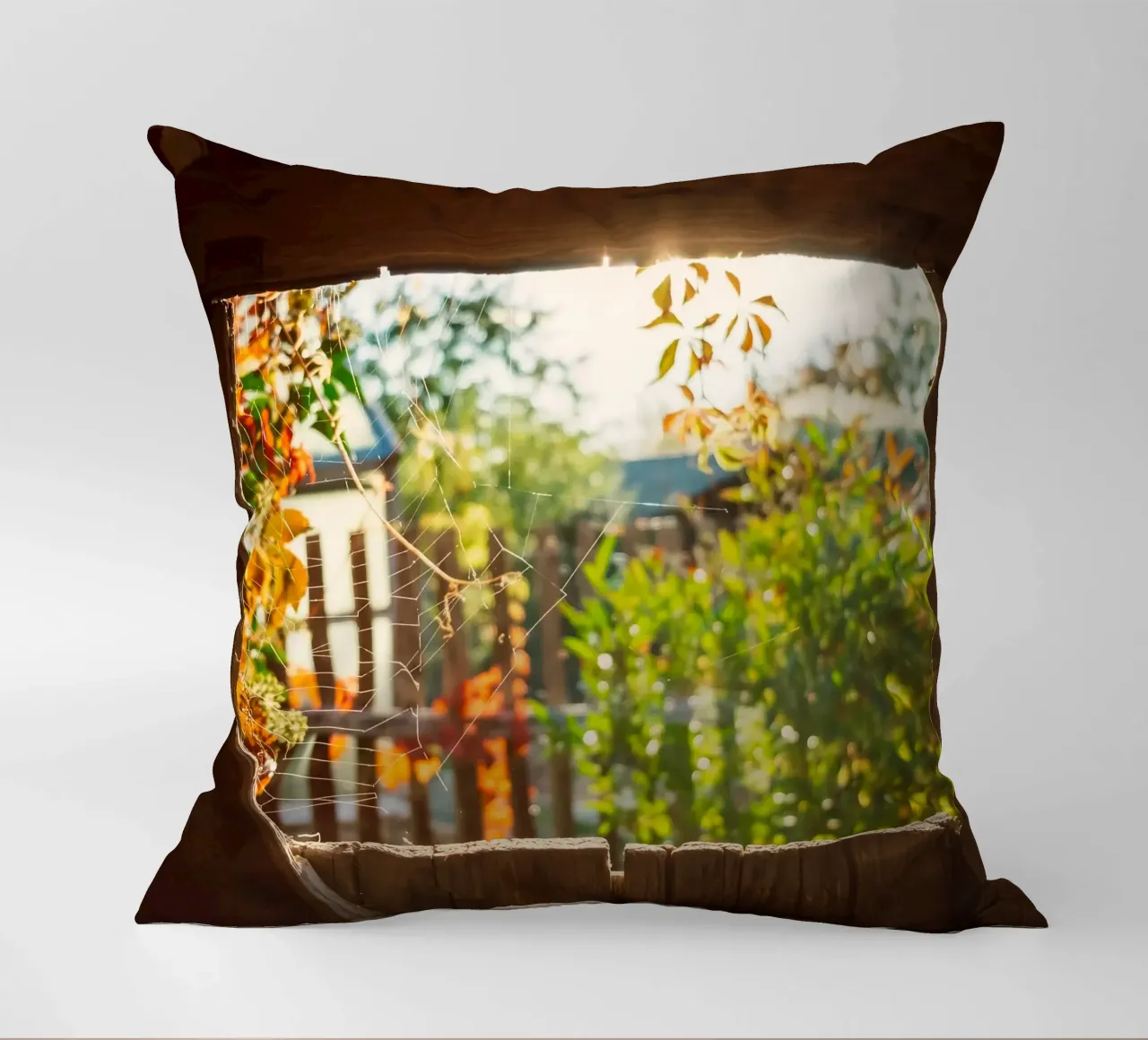 Vue sur l'automne doré à travers une toile d'araignée coussin de Natur Wandbild — Orte für die Seele