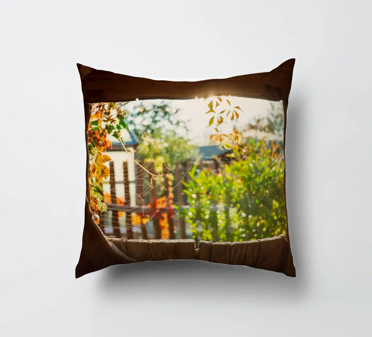 Vue sur l'automne doré à travers une toile d'araignée coussin de Natur Wandbild — Orte für die Seele