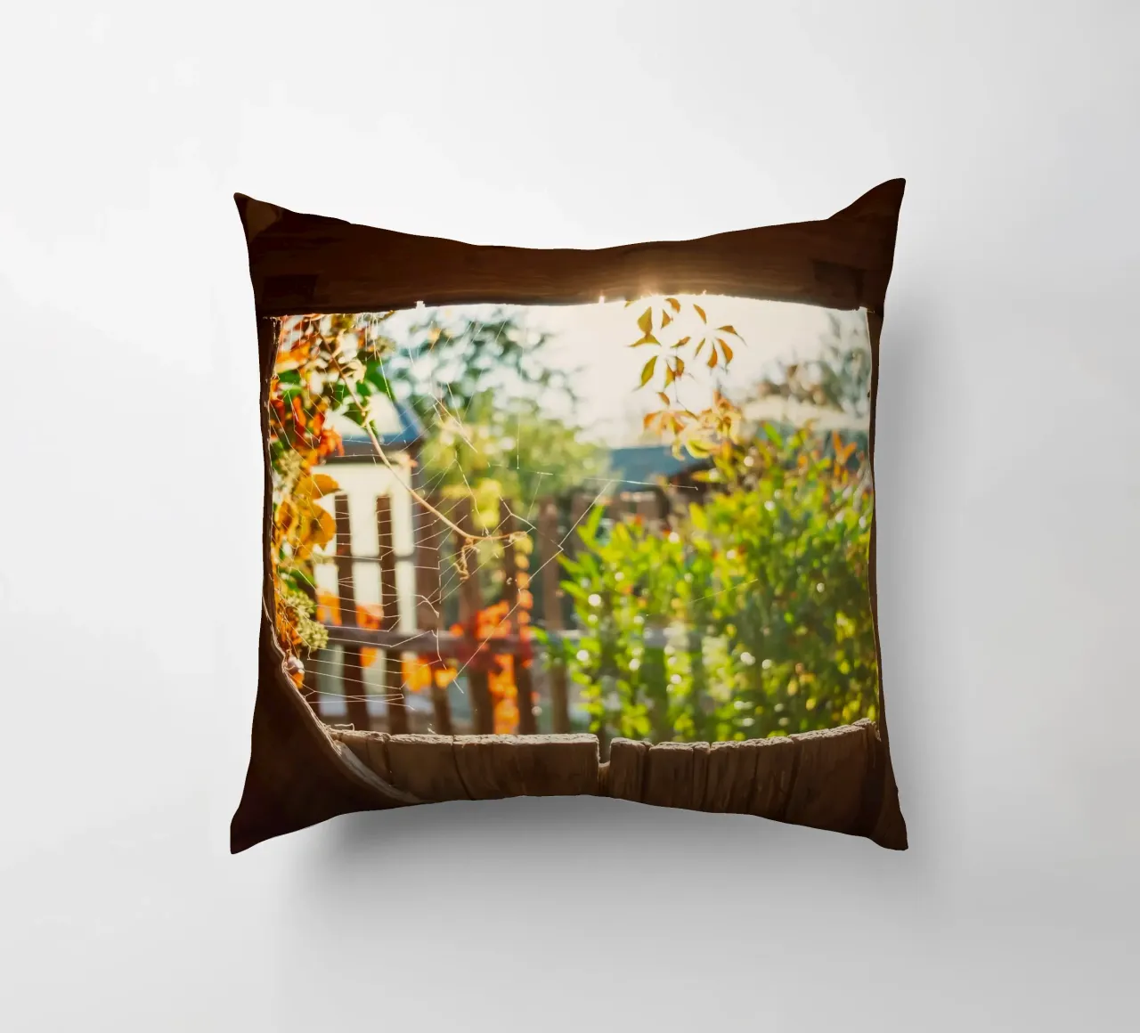 Vue sur l'automne doré à travers une toile d'araignée coussin de Natur Wandbild — Orte für die Seele