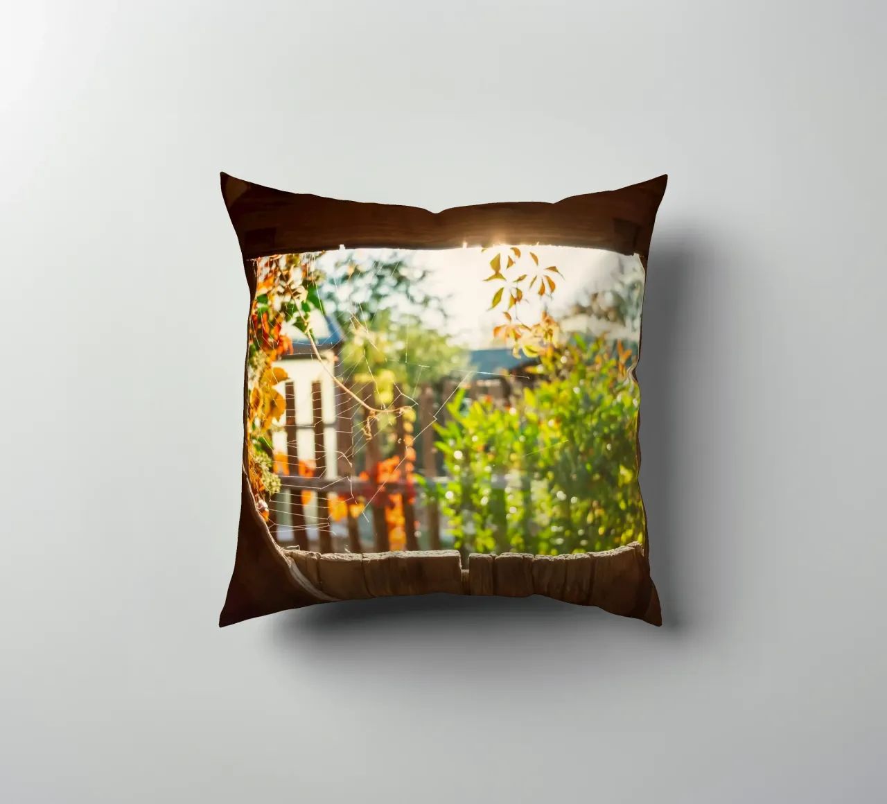 Vue sur l'automne doré à travers une toile d'araignée coussin de Natur Wandbild — Orte für die Seele