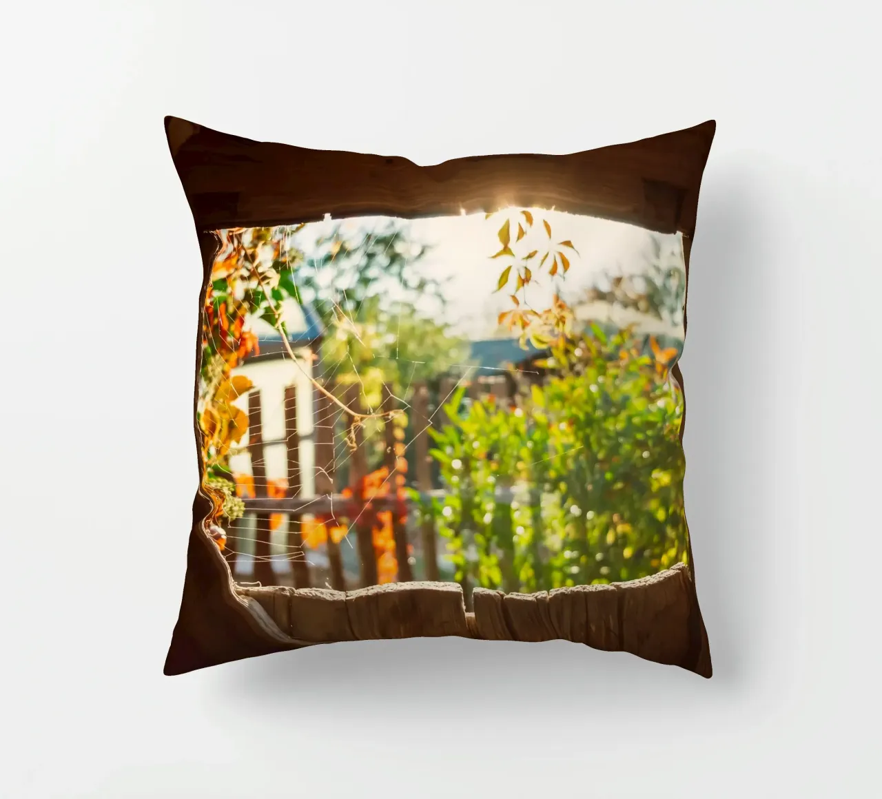 Vue sur l'automne doré à travers une toile d'araignée coussin de Natur Wandbild — Orte für die Seele
