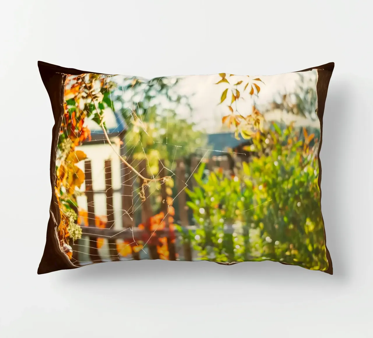 Vue sur l'automne doré à travers une toile d'araignée coussin de Natur Wandbild — Orte für die Seele