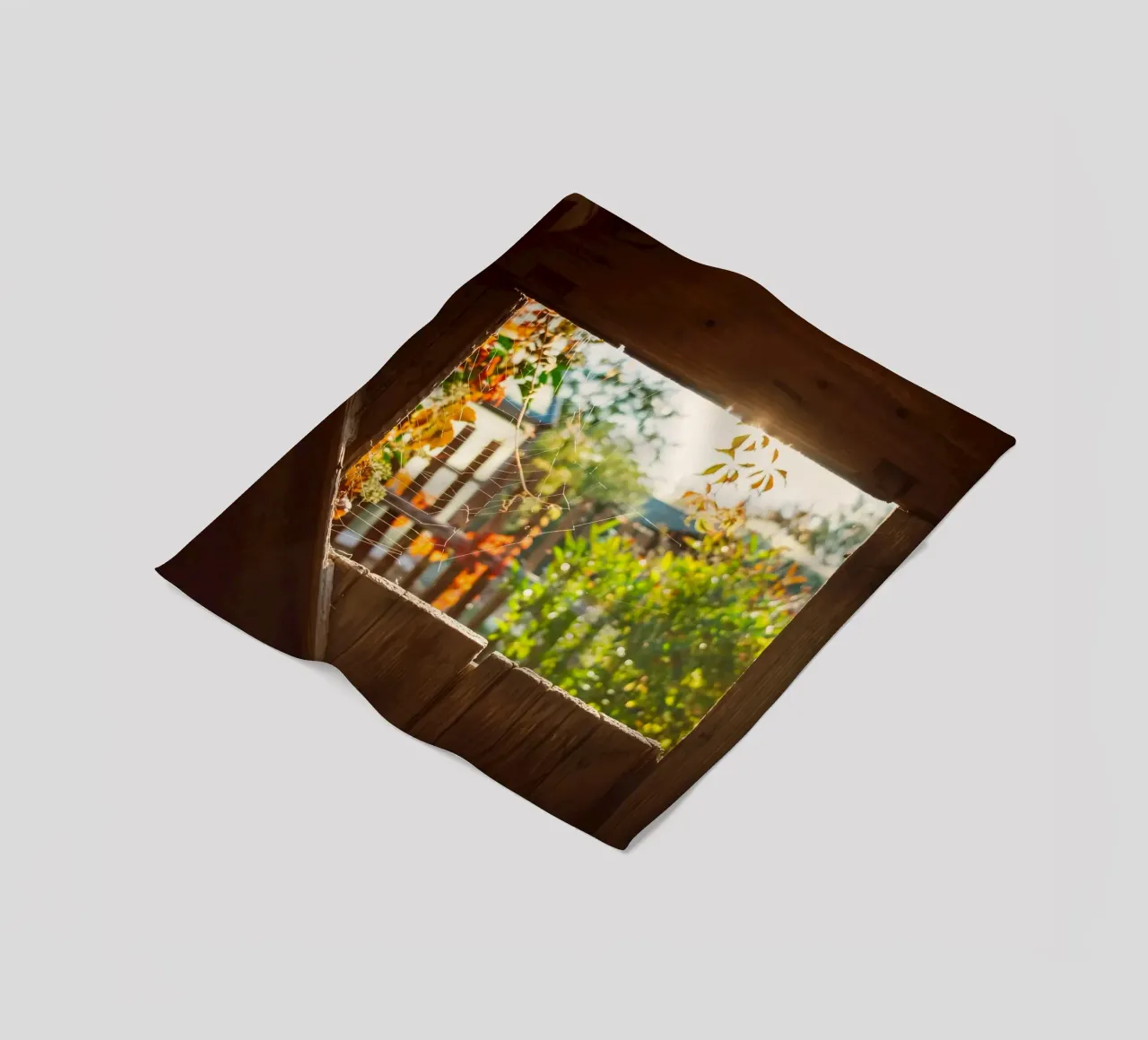 Vue sur l'automne doré à travers une toile d'araignée plaid polaire de Natur Wandbild — Orte für die Seele
