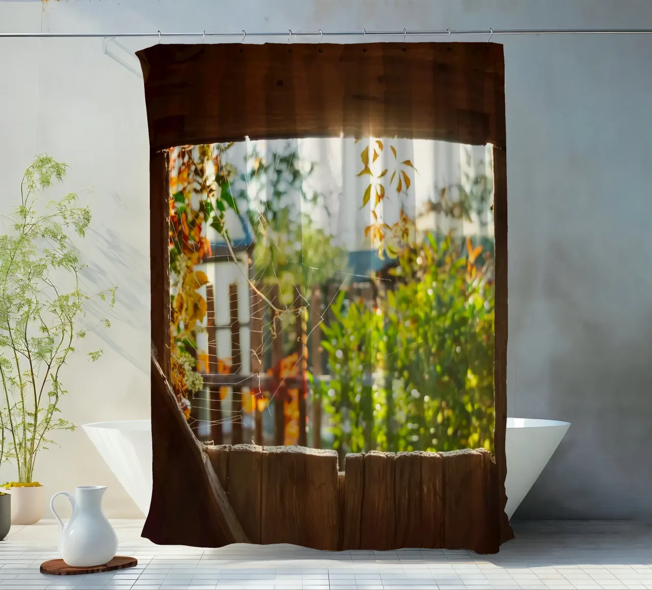 Vue sur l'automne doré à travers une toile d'araignée rideau de douche de Natur Wandbild — Orte für die Seele