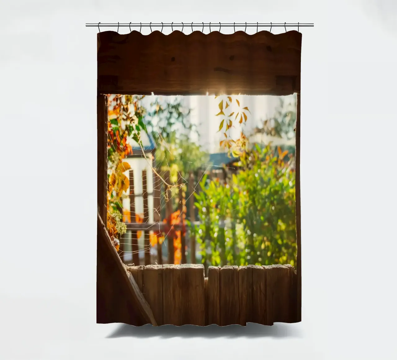 Vue sur l'automne doré à travers une toile d'araignée rideau de douche de Natur Wandbild — Orte für die Seele