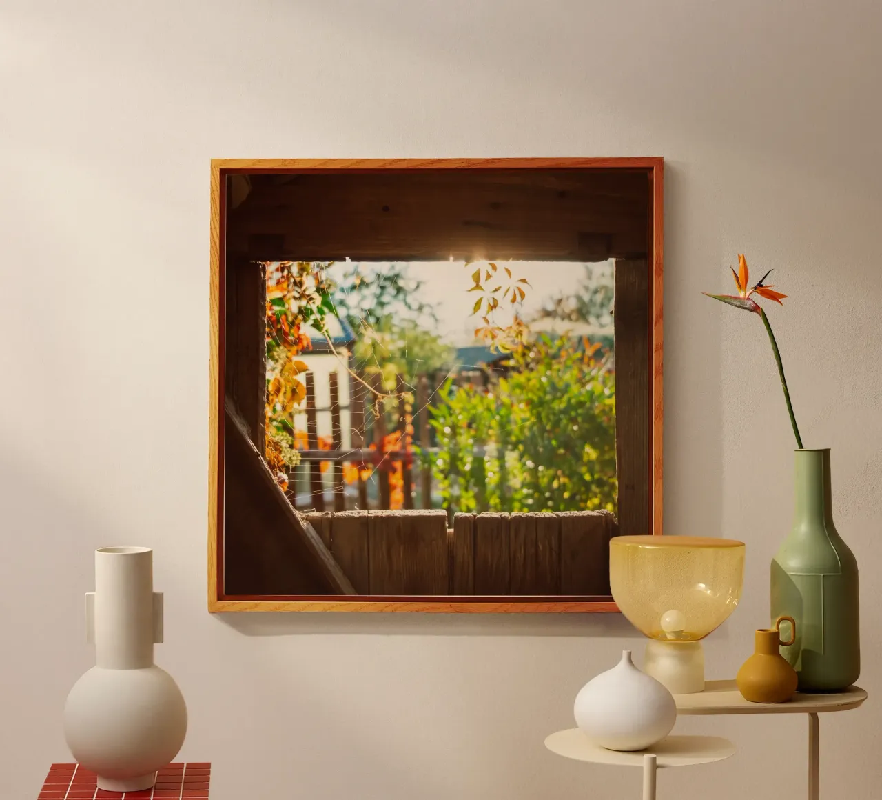 Vue sur l'automne doré à travers une toile d'araignée plexiglas de Natur Wandbild — Orte für die Seele