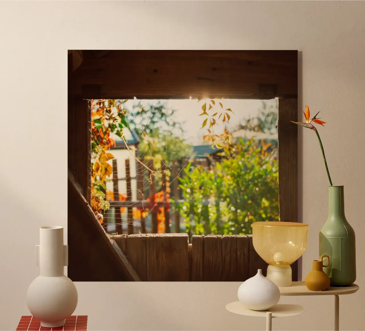 Vue sur l'automne doré à travers une toile d'araignée plexiglas de Natur Wandbild — Orte für die Seele