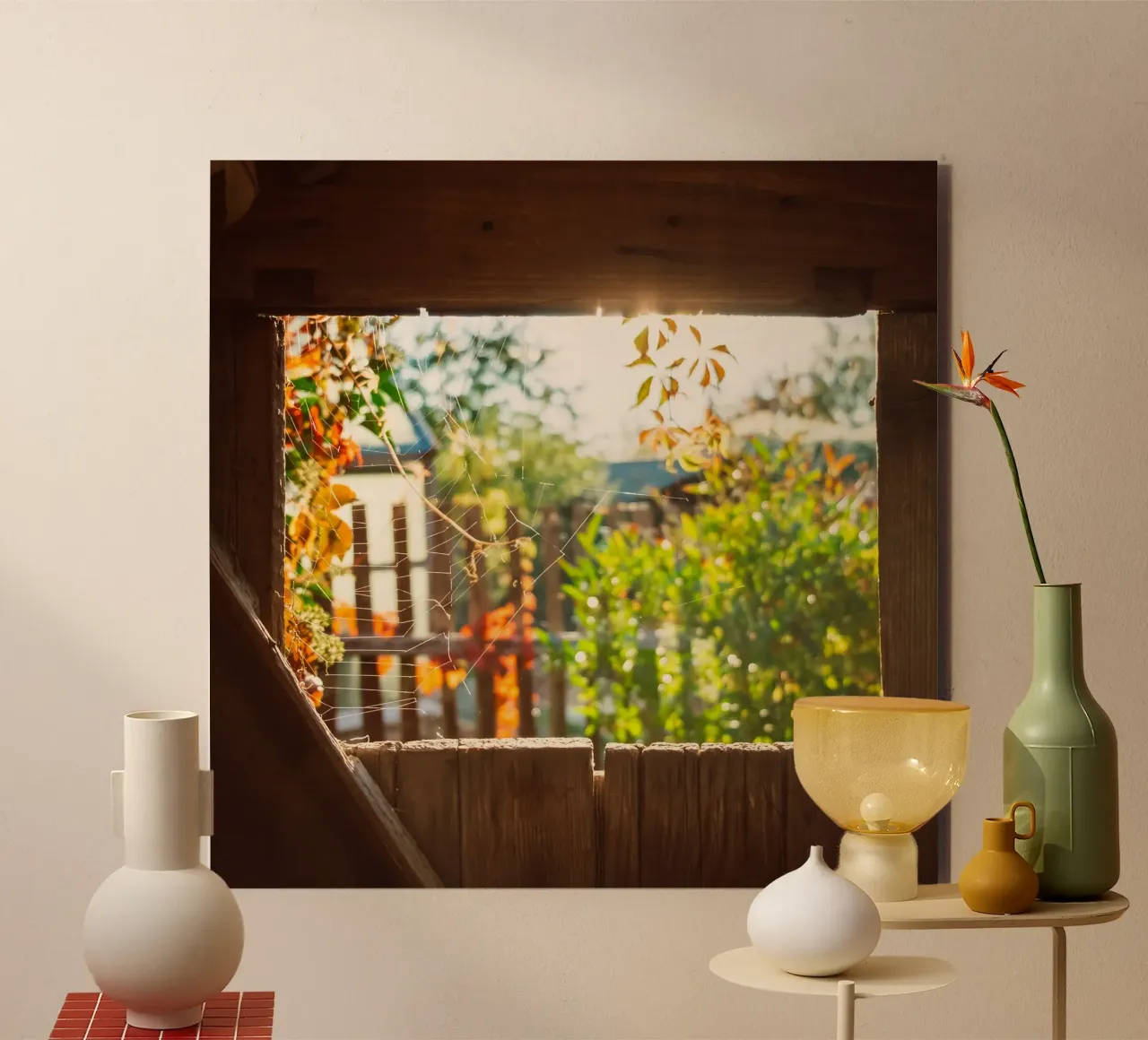 Vue sur l'automne doré à travers une toile d'araignée alu dibond de Natur Wandbild — Orte für die Seele