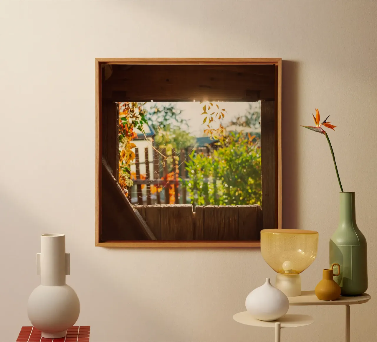 View through the spider's web into the golden autumn canvas with Floater frame by Natur Wandbild — Orte für die Seele