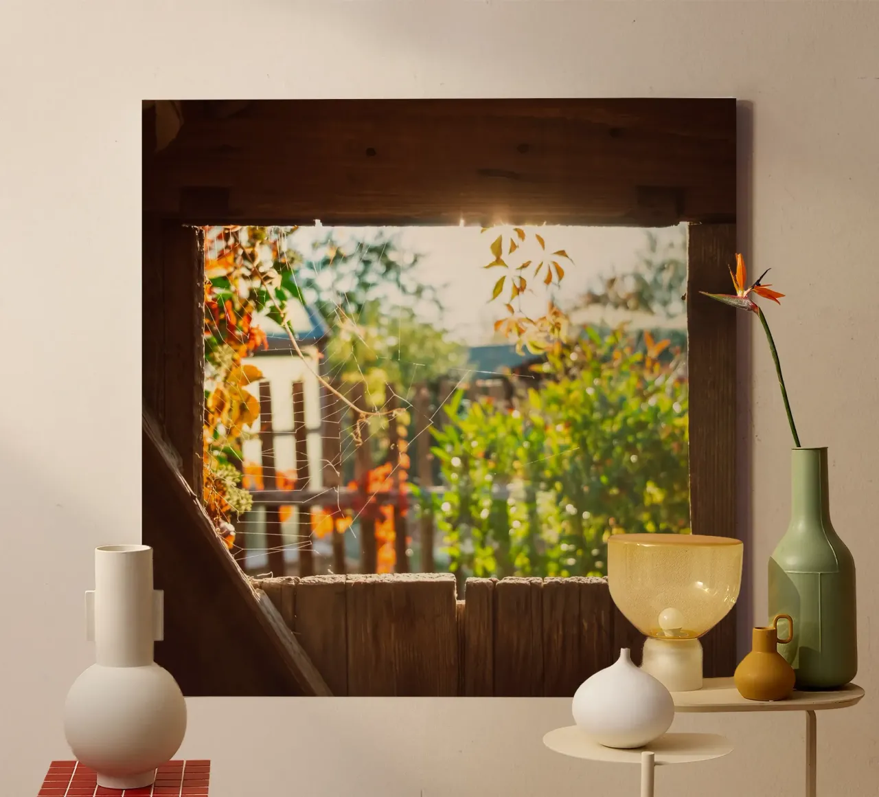 View through the spider's web into the golden autumn canvas with Floater frame by Natur Wandbild — Orte für die Seele