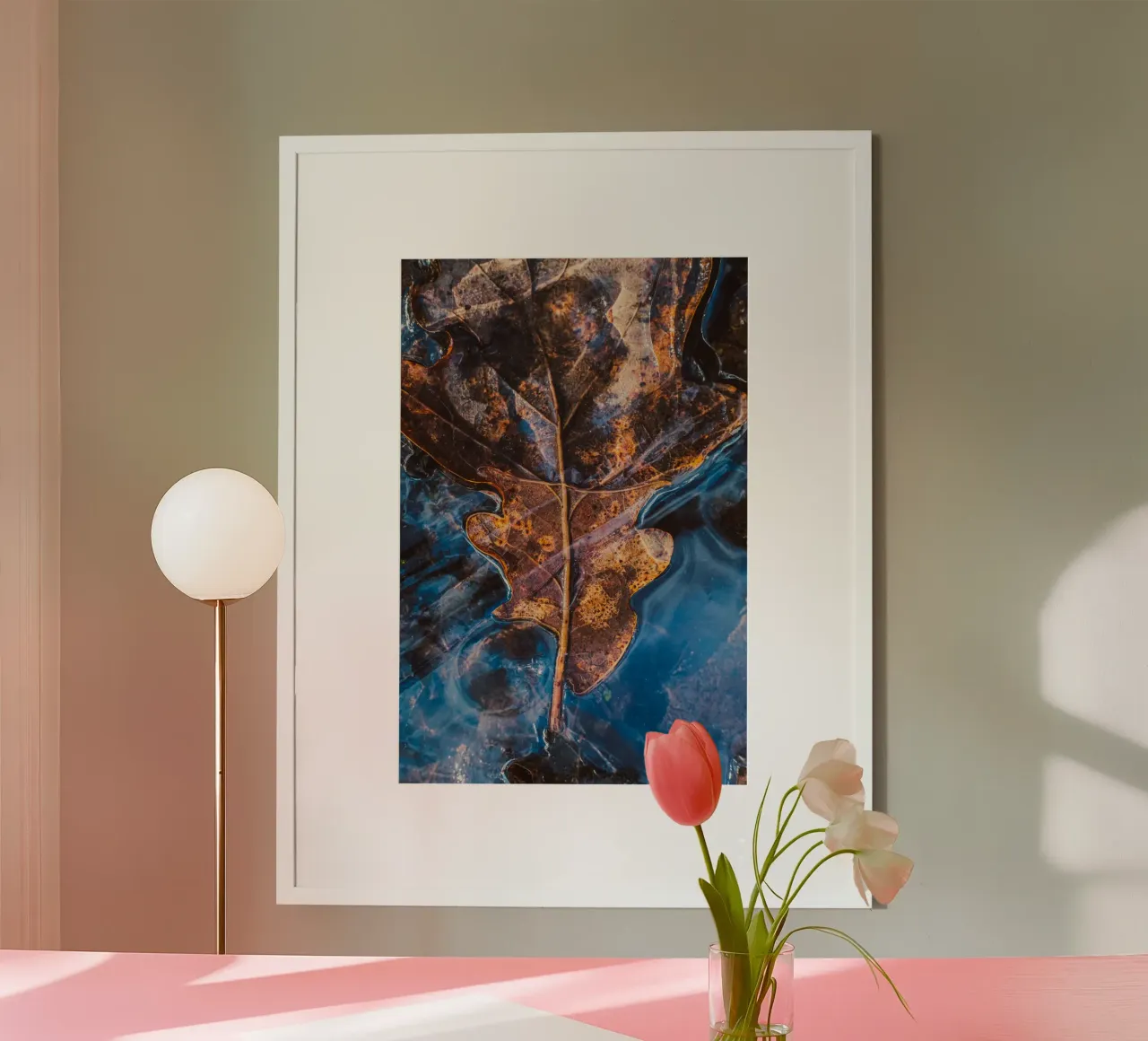 Foglia di quercia congelata poster con telaio in plastica da Natur Wandbild — Orte für die Seele