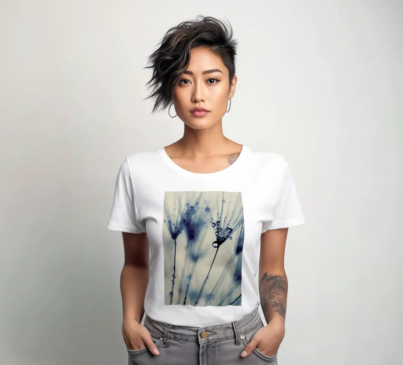 droplets of moody blues women's fitted t-shirt by Ingrid Beddoes