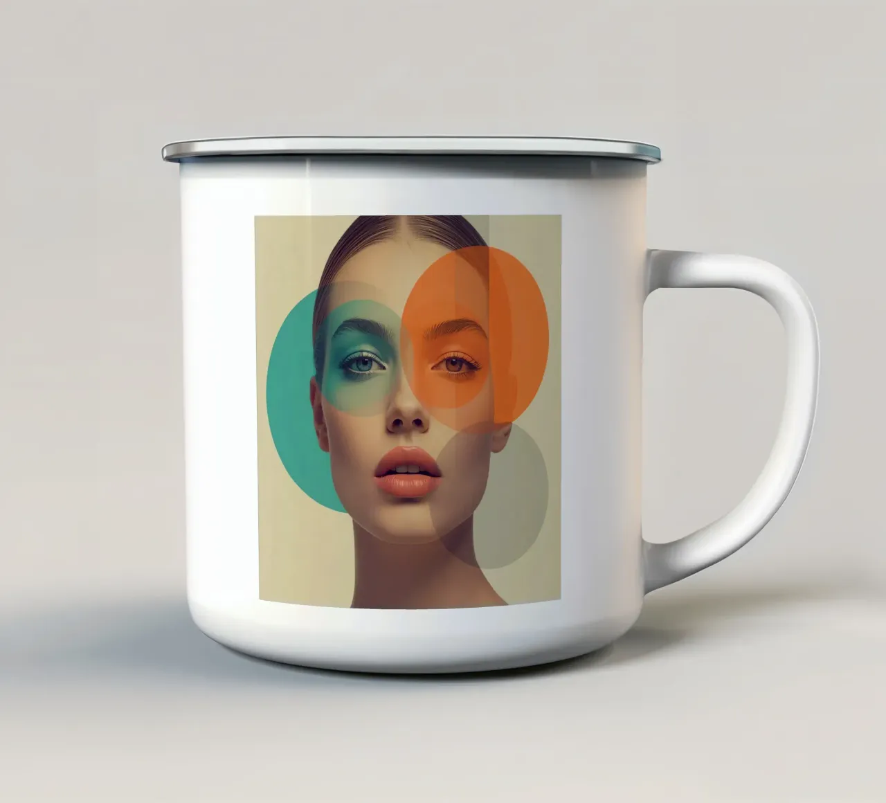 Volto di donna con sovrapposizione di cerchi colorati traslucidi tazza in smalto da DesignDoodle