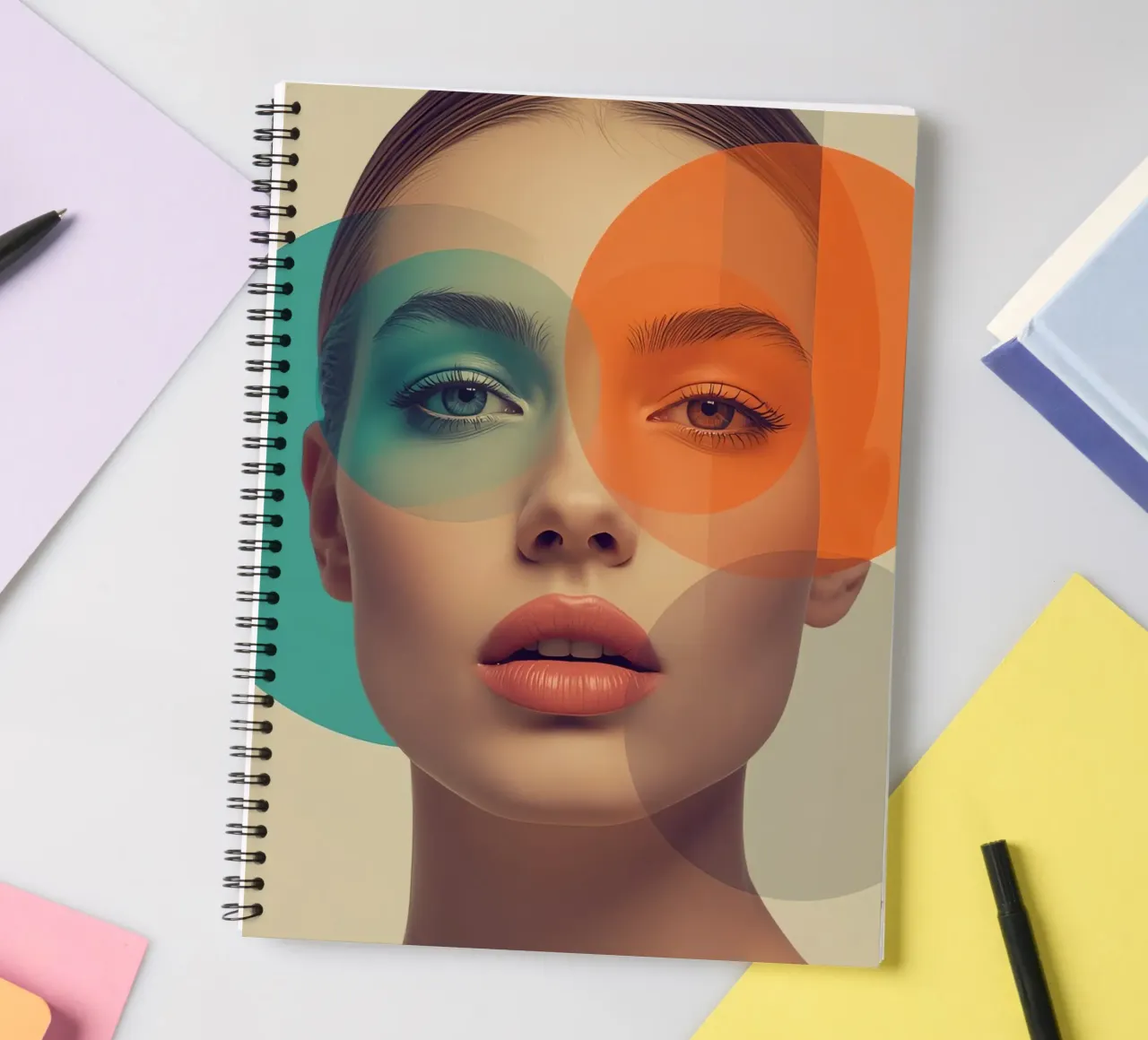 Woman's Face with Translucent Colored Circles Overlay spiral notebook by DesignDoodle