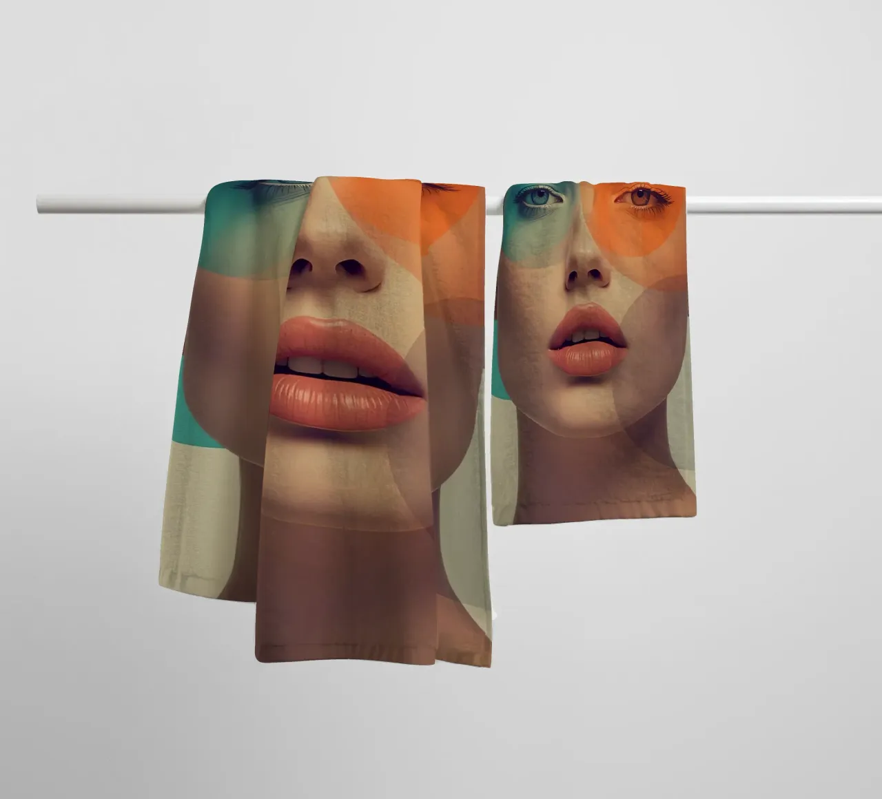 Woman's Face with Translucent Colored Circles Overlay towel by DesignDoodle