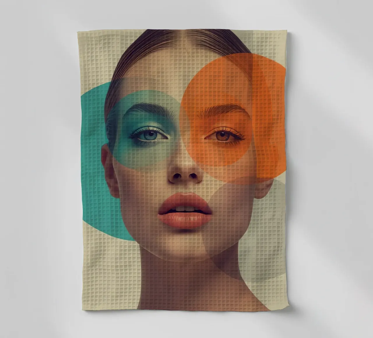 Woman's Face with Translucent Colored Circles Overlay tea towel by DesignDoodle