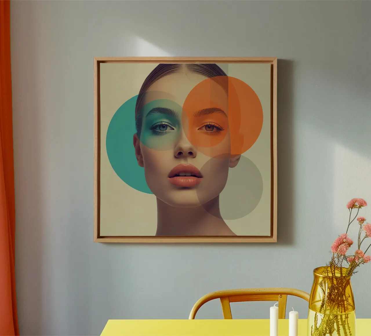 Volto di donna con sovrapposizione di cerchi colorati traslucidi tela con Cornice a cassetta da DesignDoodle