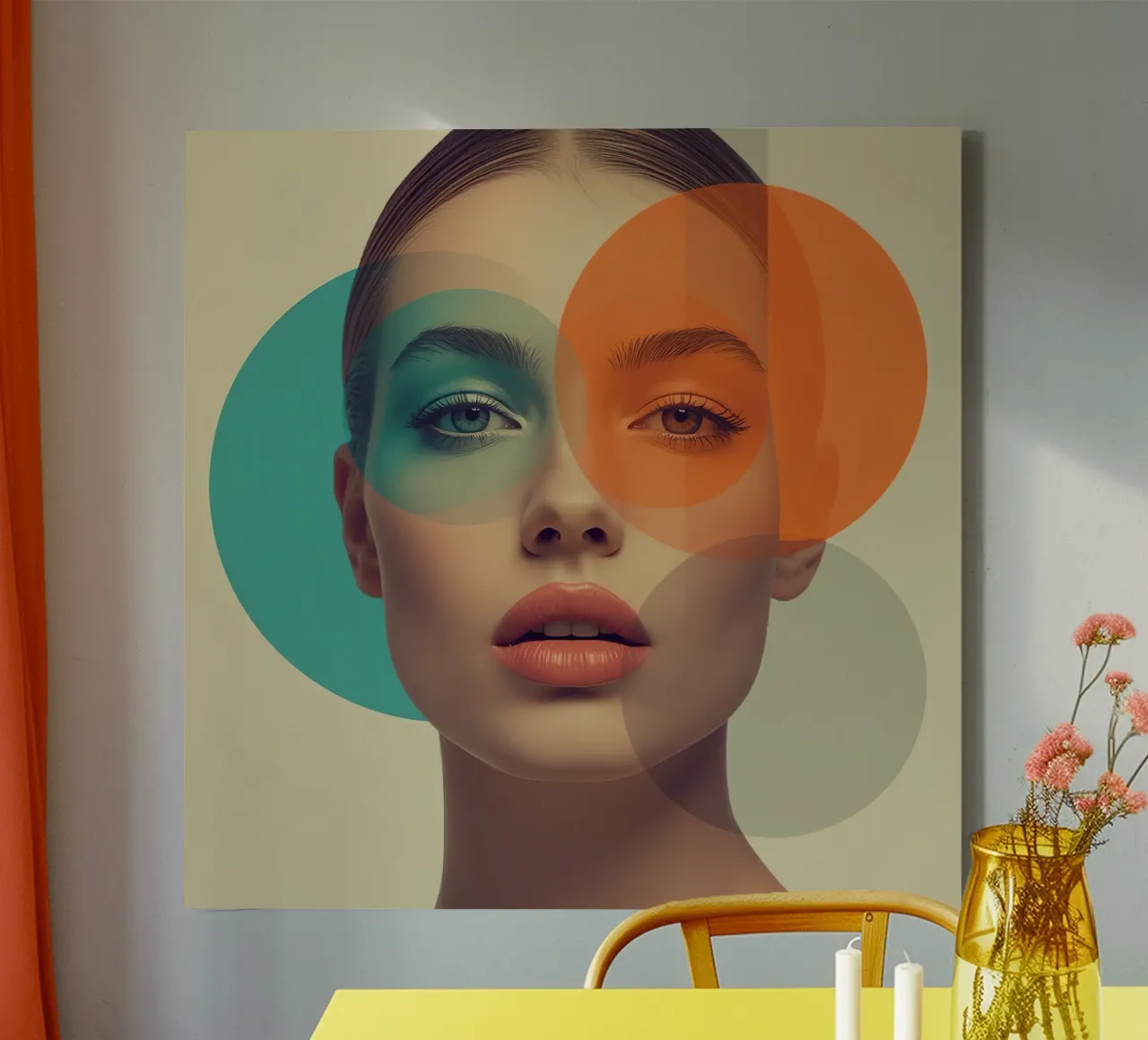 Volto di donna con sovrapposizione di cerchi colorati traslucidi tela con Cornice a cassetta da DesignDoodle