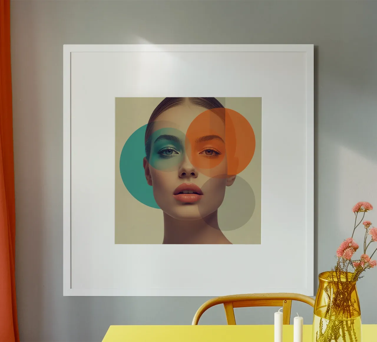 Volto di donna con sovrapposizione di cerchi colorati traslucidi carta hahnemühle da DesignDoodle