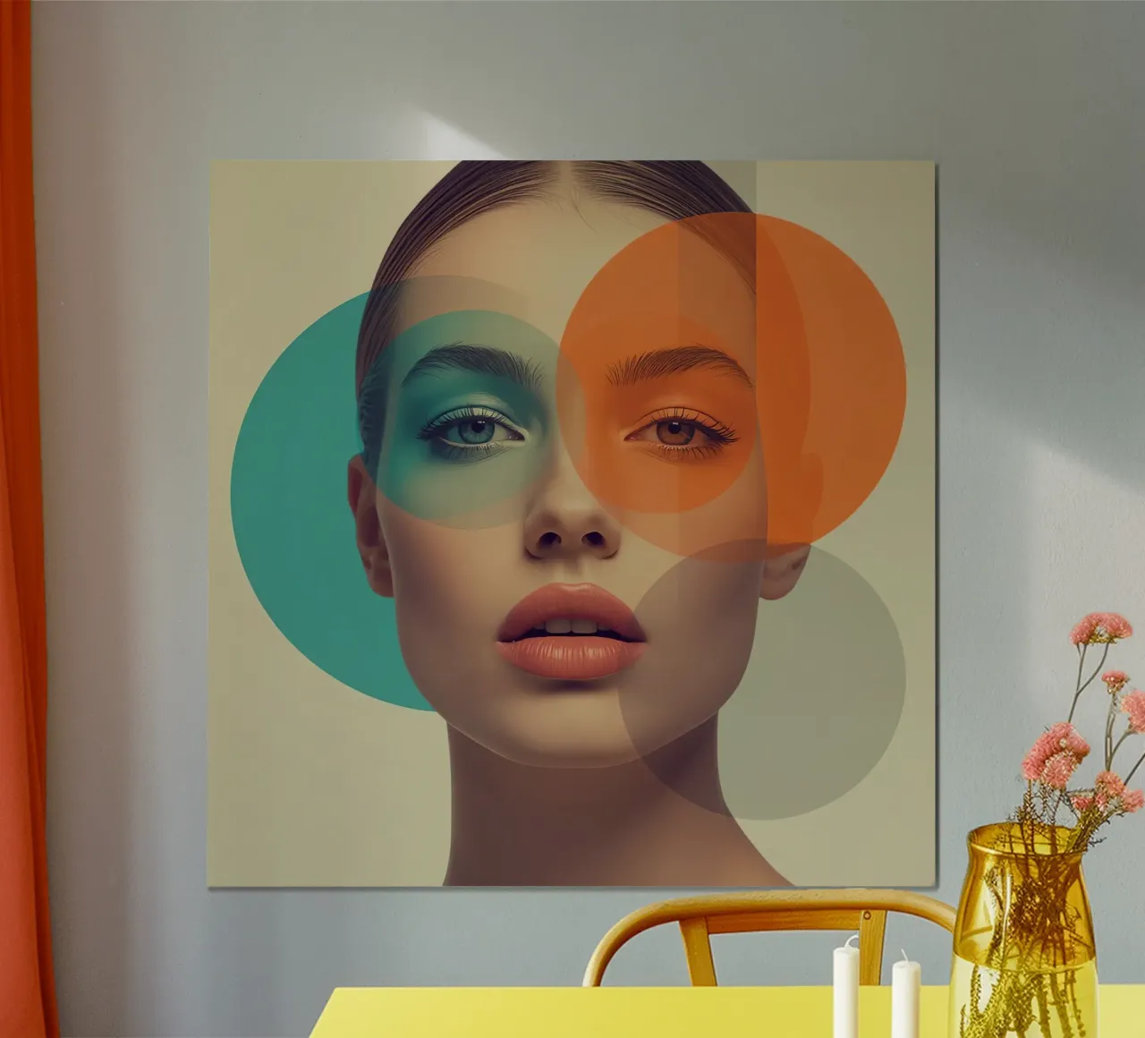 Volto di donna con sovrapposizione di cerchi colorati traslucidi poster con telaio in legno da DesignDoodle
