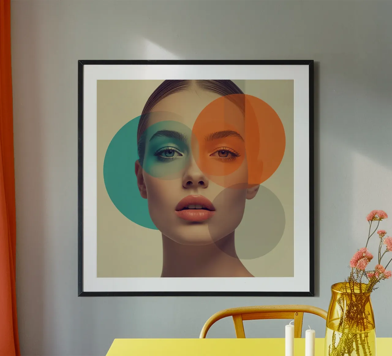 Volto di donna con sovrapposizione di cerchi colorati traslucidi poster con telaio in legno da DesignDoodle