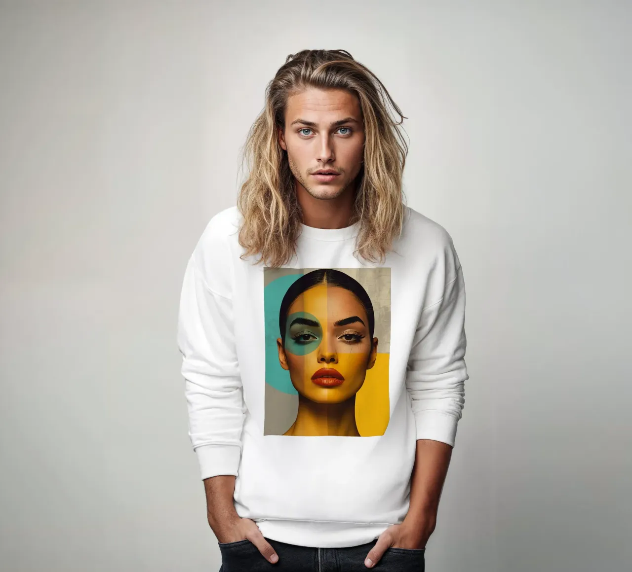 Woman's Portrait with Color Blocks and Geometric Shapes sweatshirt by DesignDoodle