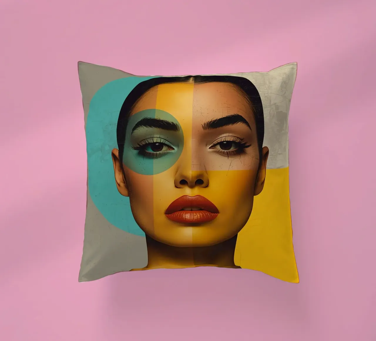 Ritratto di donna con blocchi di colore e forme geometriche cuscino da DesignDoodle