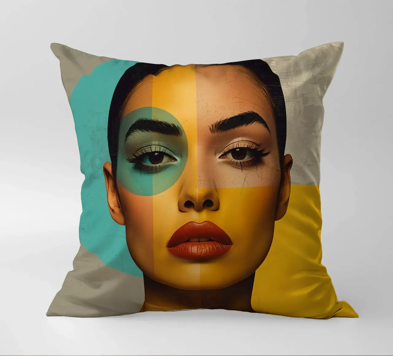 Ritratto di donna con blocchi di colore e forme geometriche cuscino da DesignDoodle