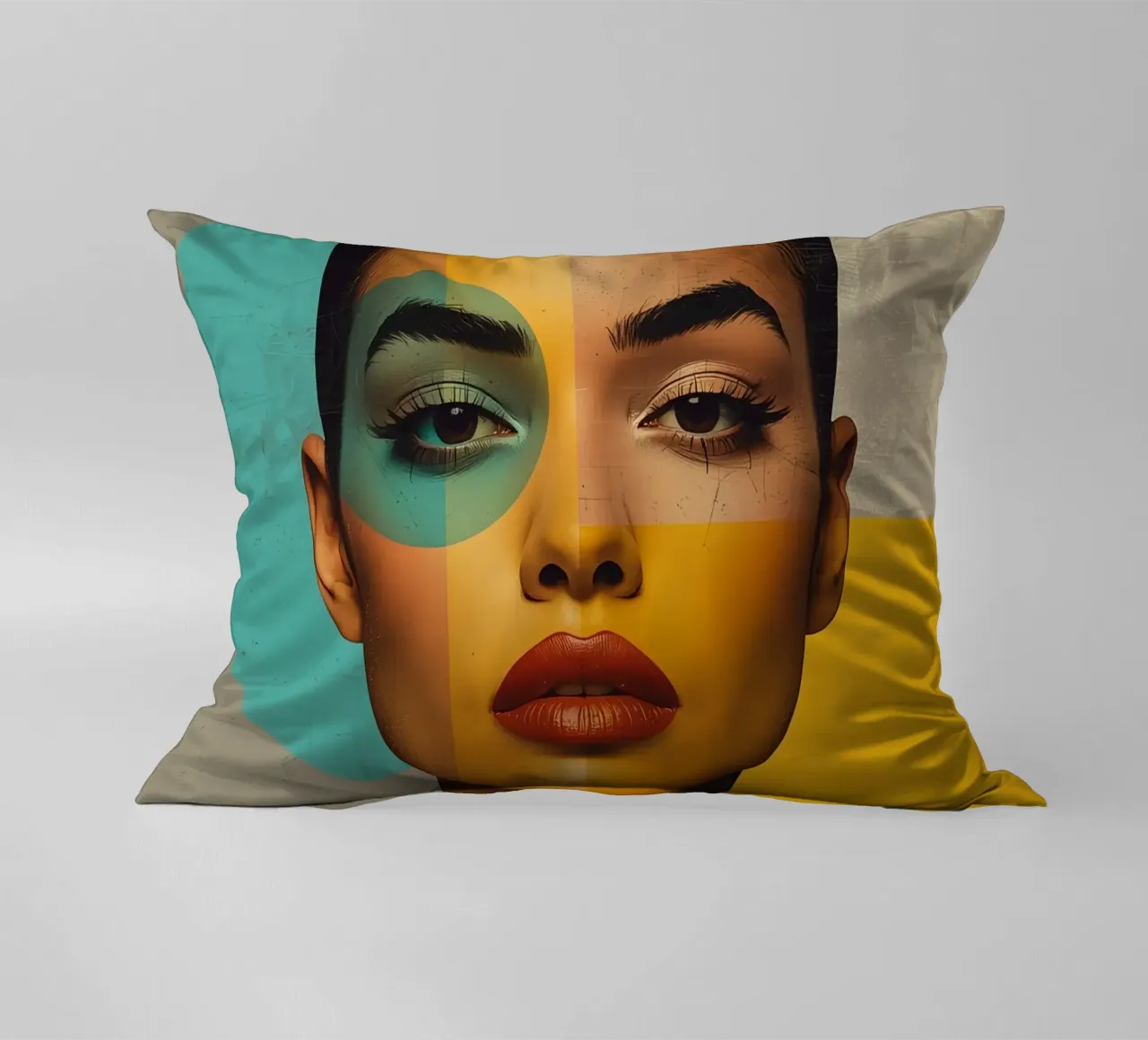 Ritratto di donna con blocchi di colore e forme geometriche cuscino da DesignDoodle