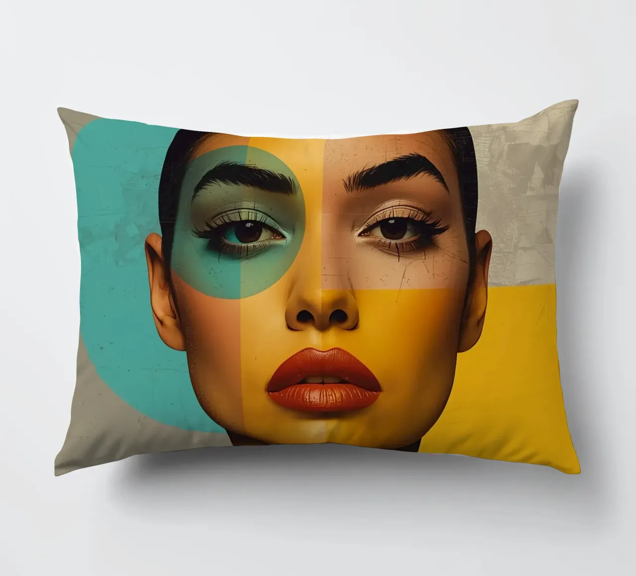 Ritratto di donna con blocchi di colore e forme geometriche cuscino da DesignDoodle