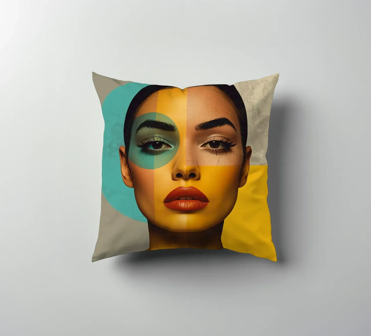 Ritratto di donna con blocchi di colore e forme geometriche cuscino da DesignDoodle