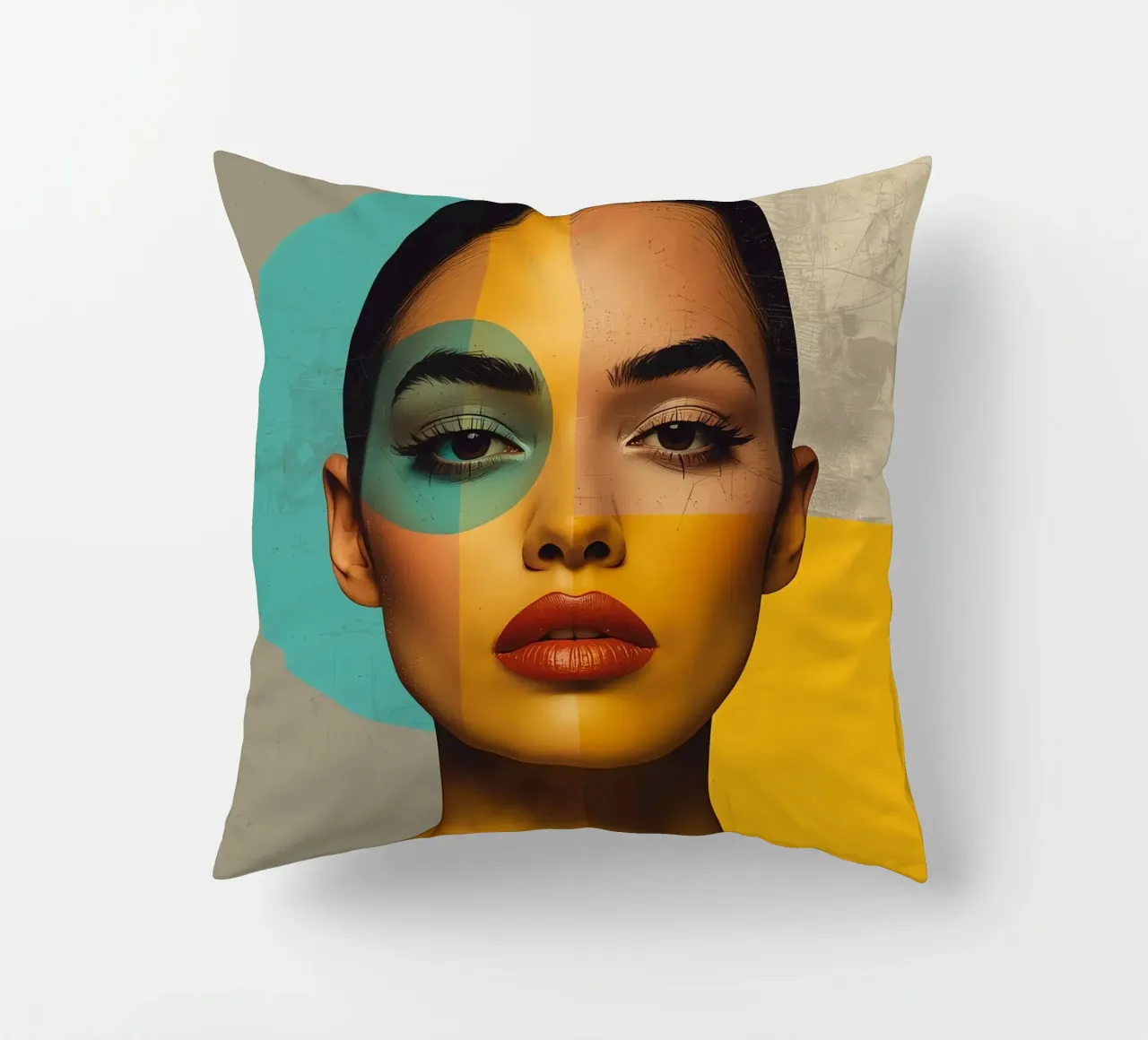 Ritratto di donna con blocchi di colore e forme geometriche cuscino da DesignDoodle