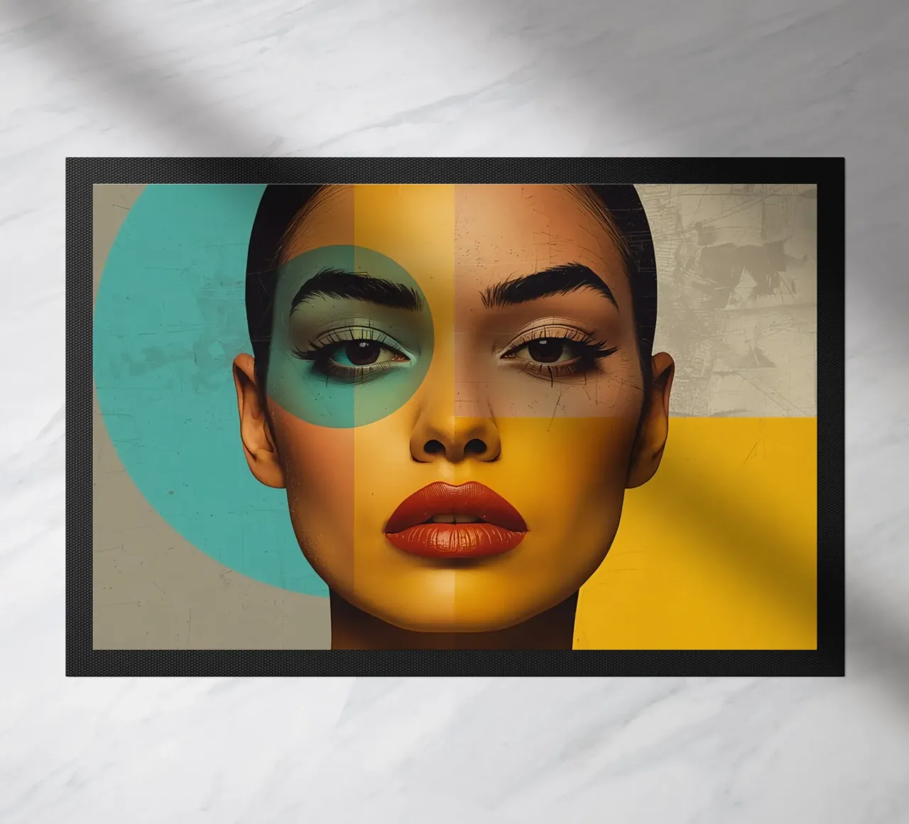 Woman's Portrait with Color Blocks and Geometric Shapes doormat by DesignDoodle