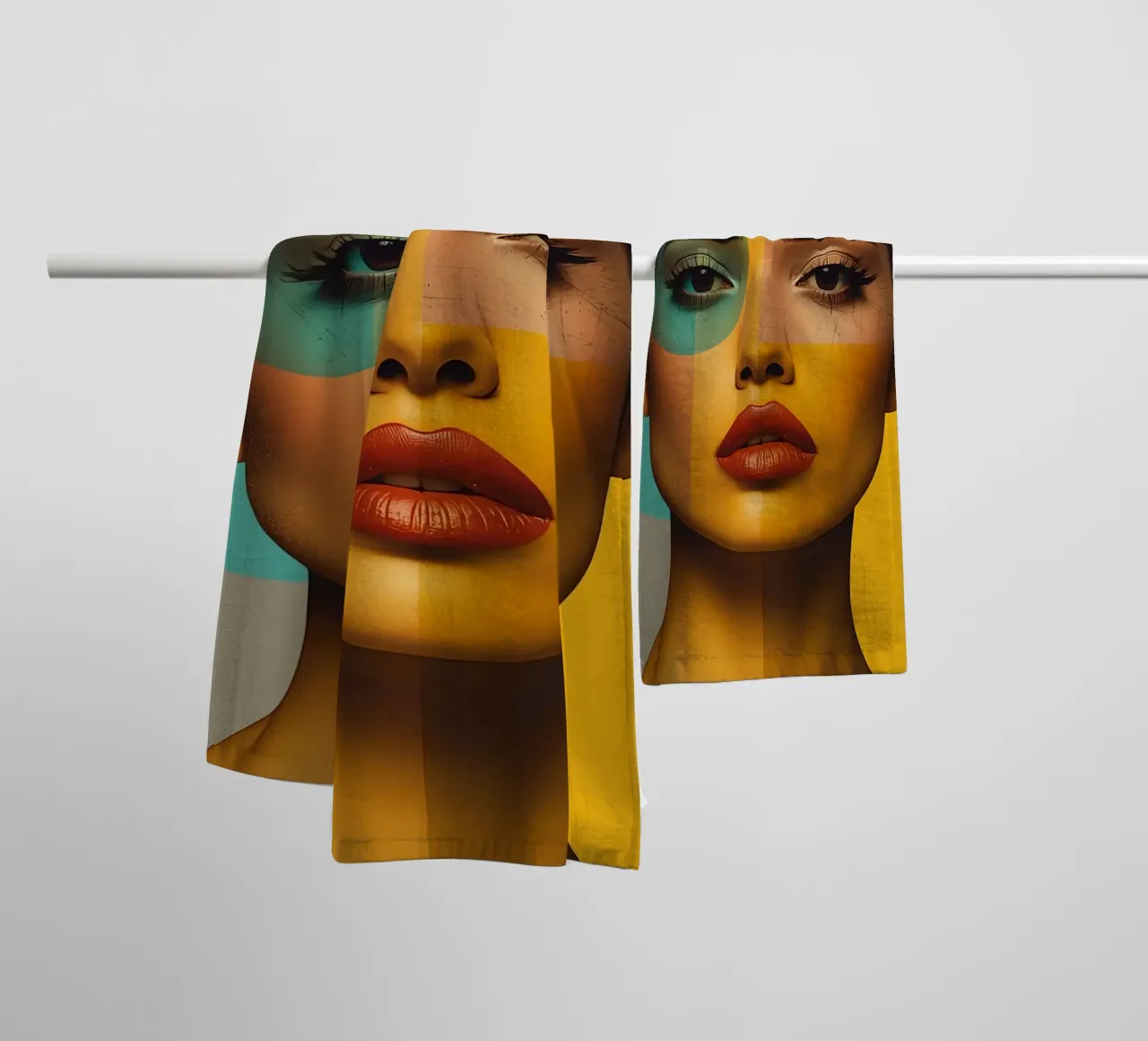 Woman's Portrait with Color Blocks and Geometric Shapes towel by DesignDoodle