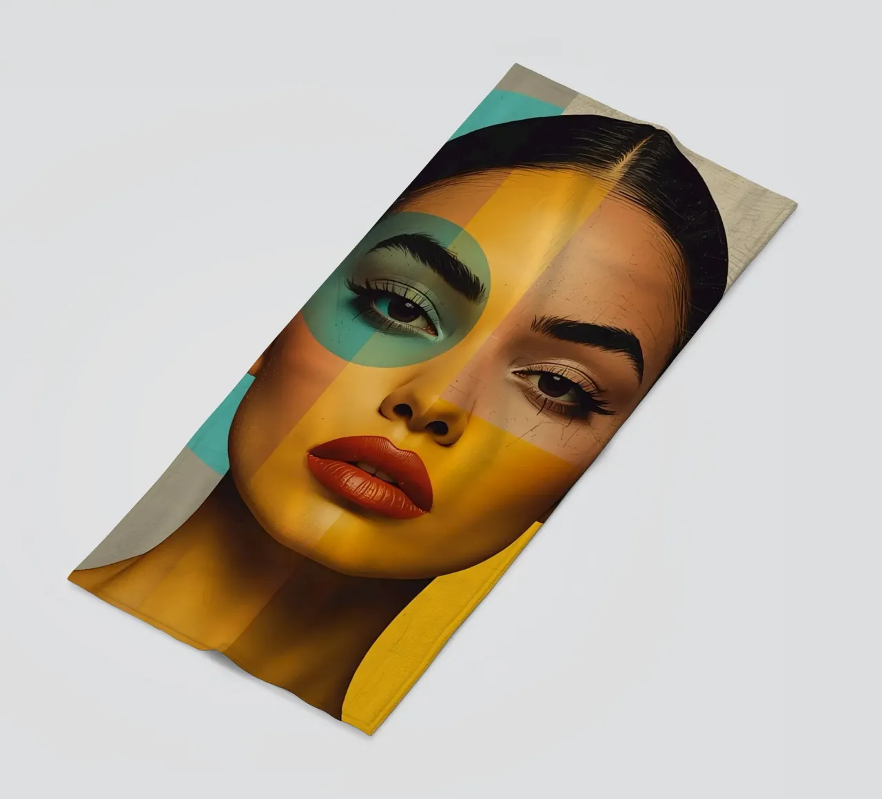 Woman's Portrait with Color Blocks and Geometric Shapes beach towel by DesignDoodle