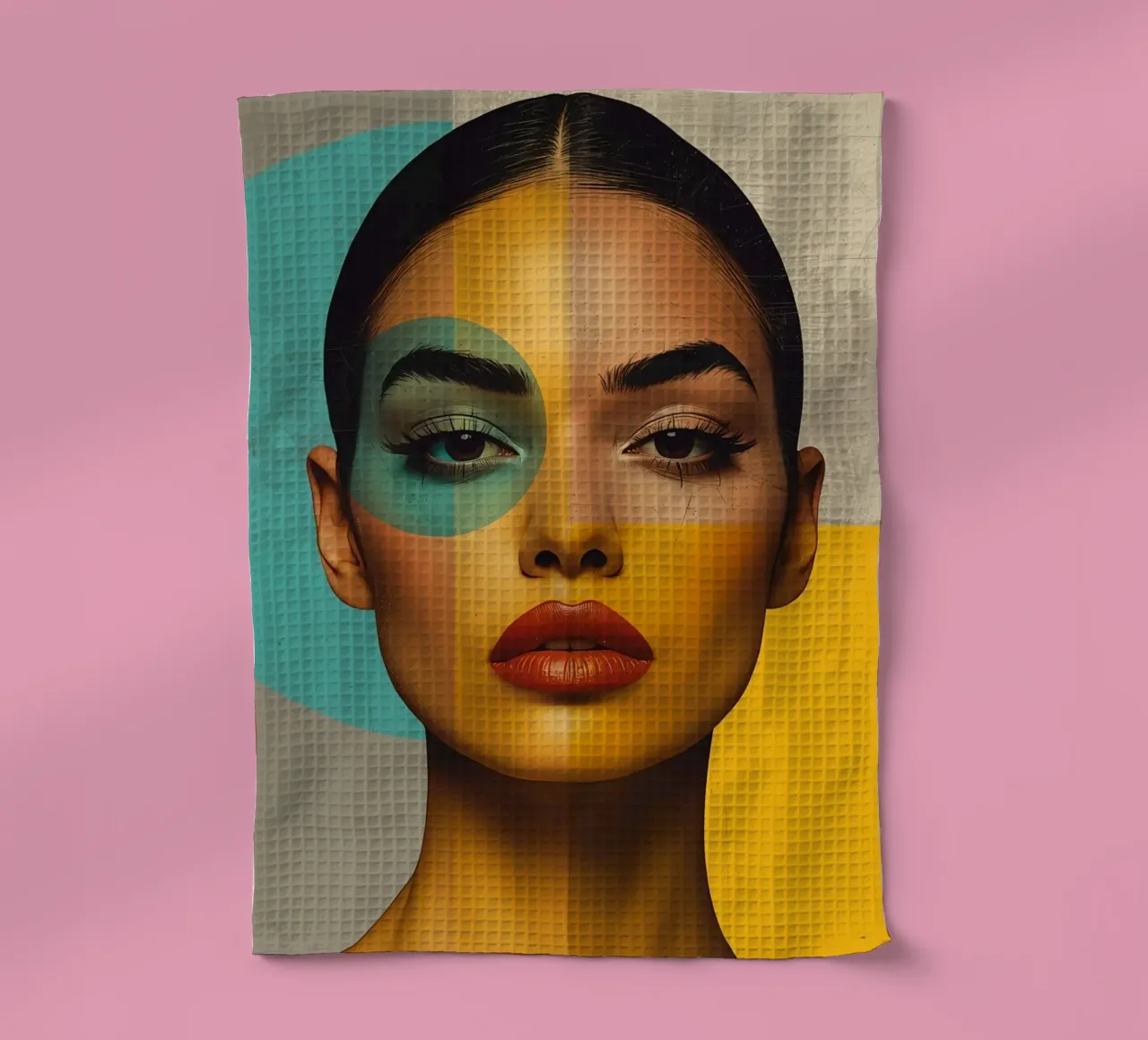 Woman's Portrait with Color Blocks and Geometric Shapes tea towel by DesignDoodle