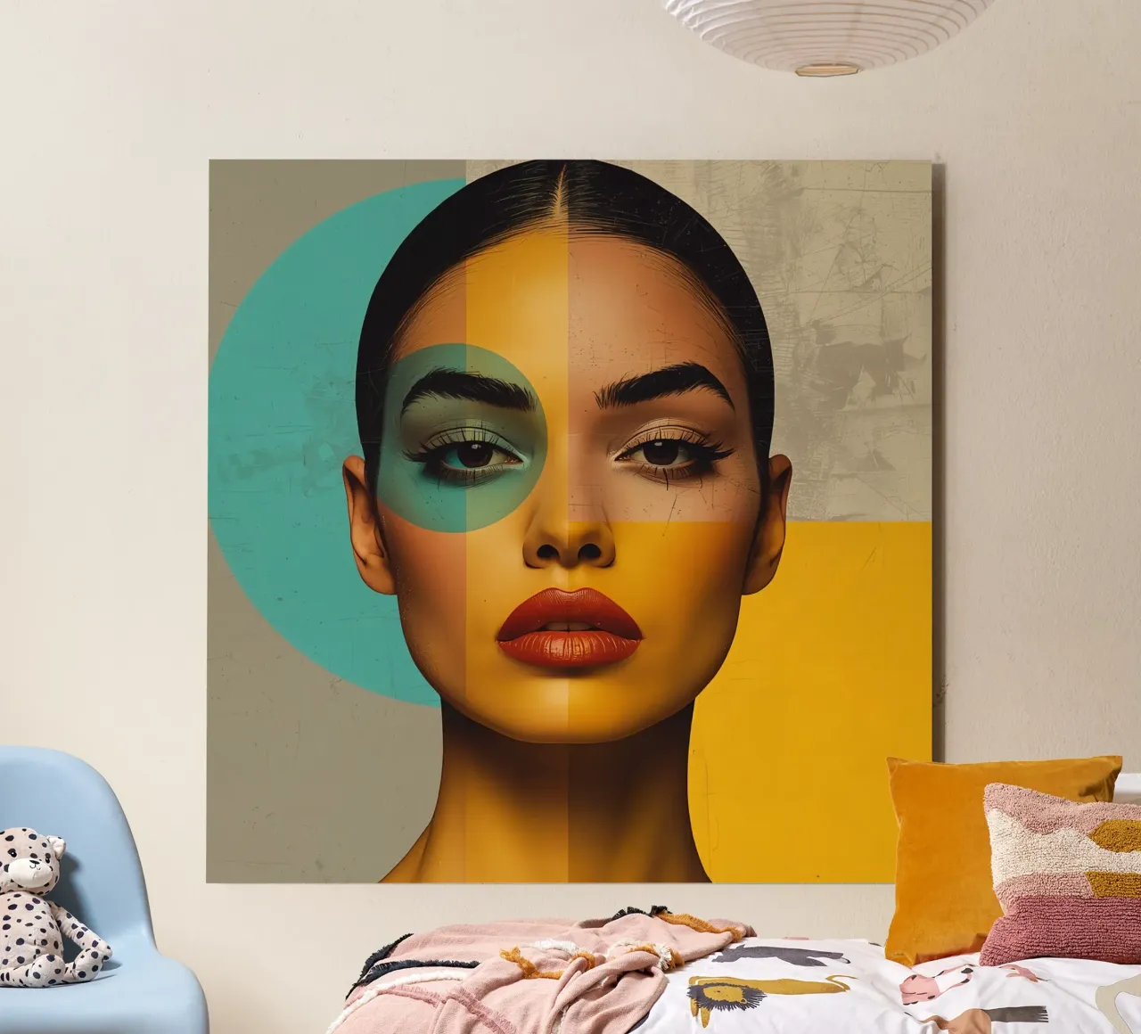 Woman's Portrait with Color Blocks and Geometric Shapes alu-dibond by DesignDoodle
