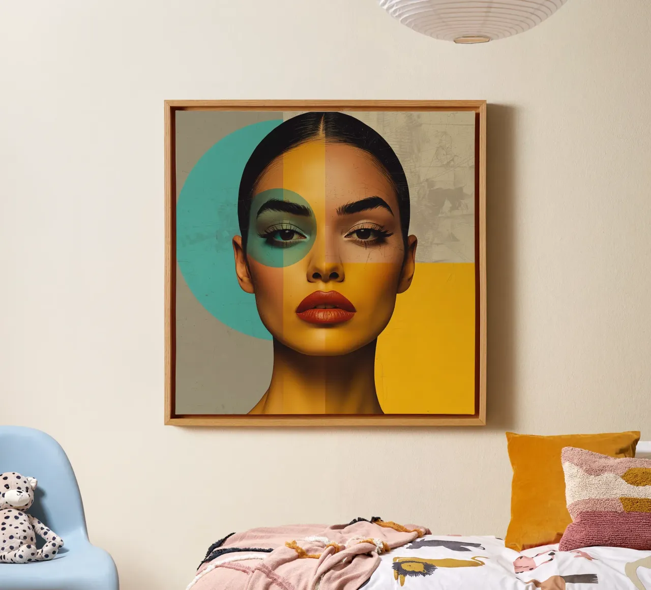 Ritratto di donna con blocchi di colore e forme geometriche tela con Cornice a cassetta da DesignDoodle