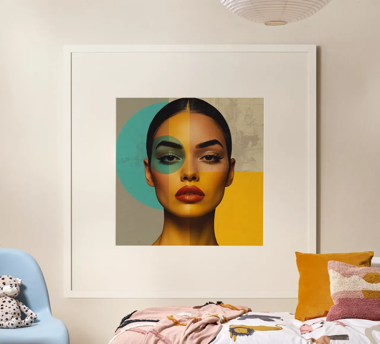 Ritratto di donna con blocchi di colore e forme geometriche poster con telaio in legno da DesignDoodle