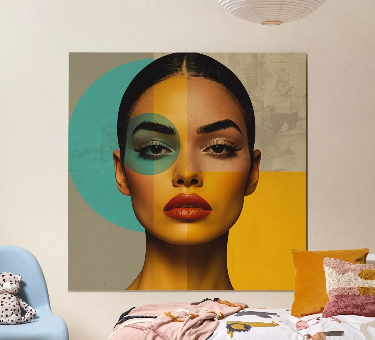 Ritratto di donna con blocchi di colore e forme geometriche poster con telaio in legno da DesignDoodle