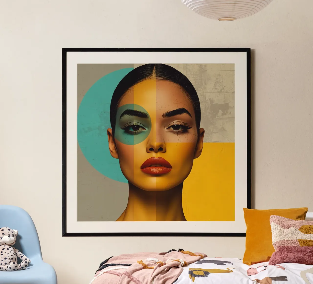 Ritratto di donna con blocchi di colore e forme geometriche poster con telaio in legno da DesignDoodle