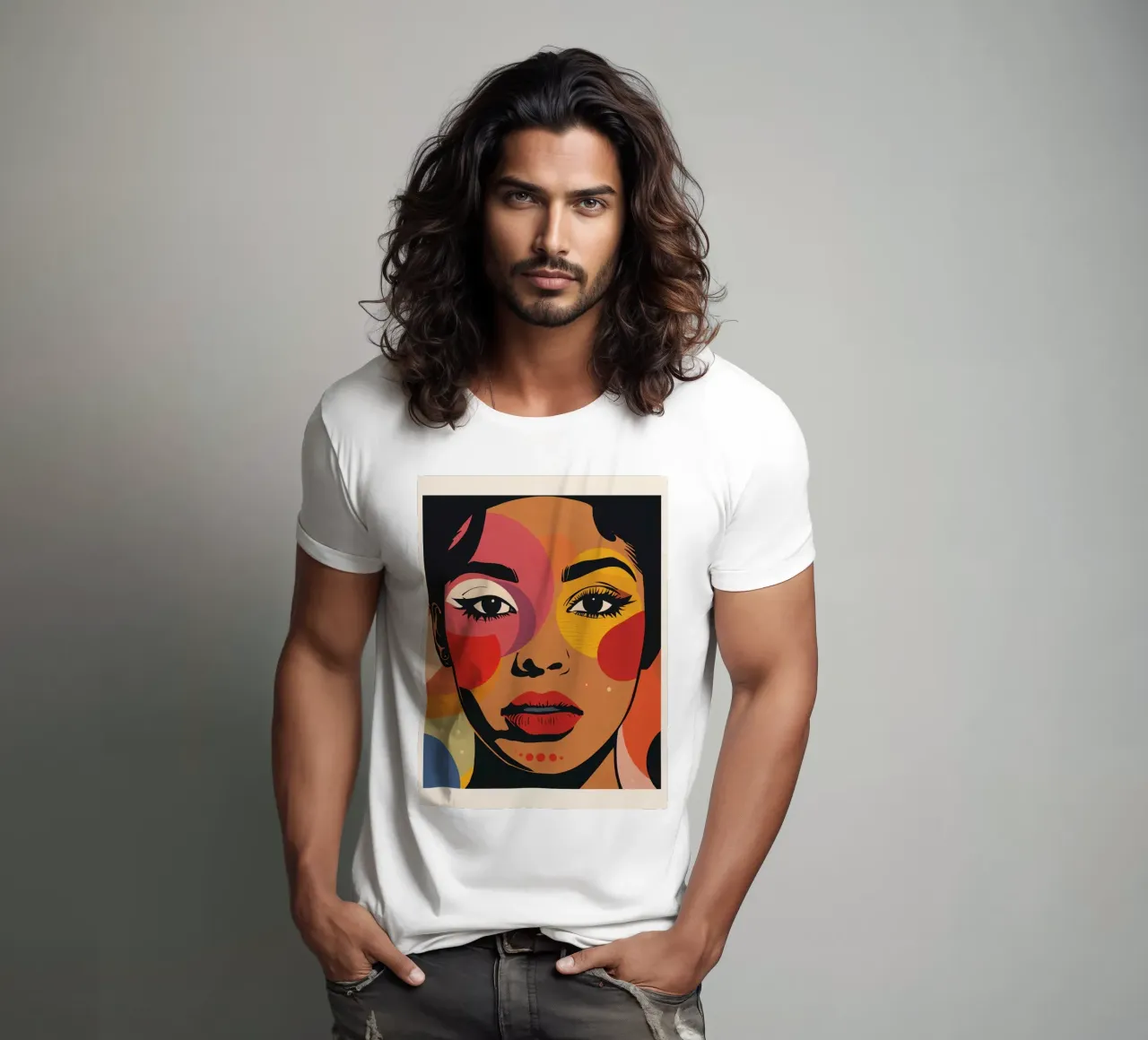 Ritratto di donna con illustrazione di forme geometriche colorate t-shirt da DesignDoodle