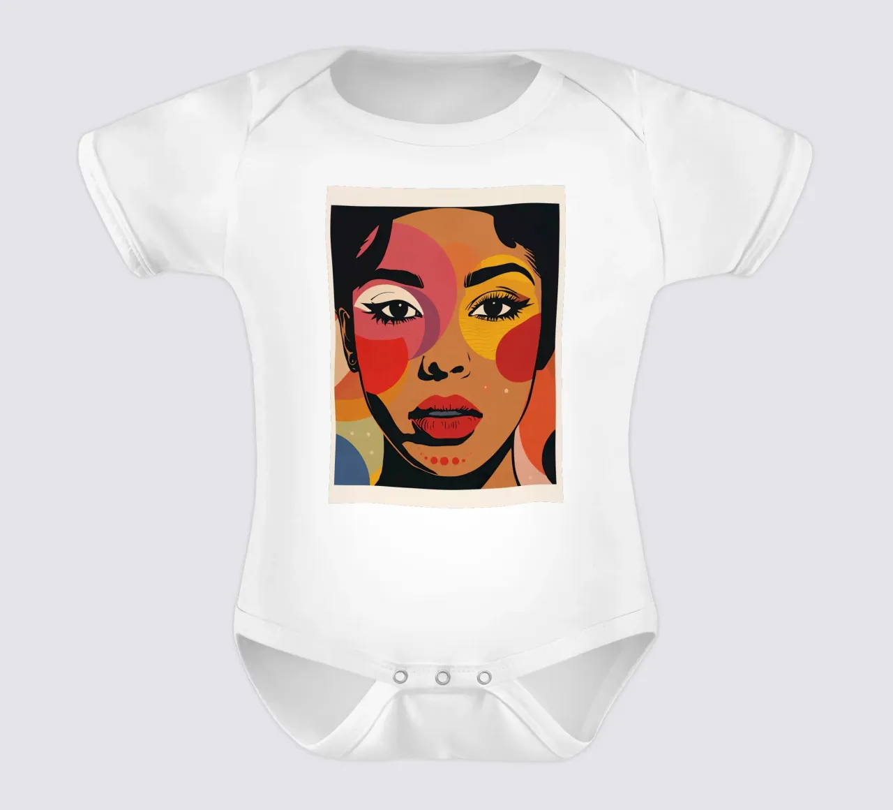 Ritratto di donna con illustrazione di forme geometriche colorate body neonato maniche corte da DesignDoodle