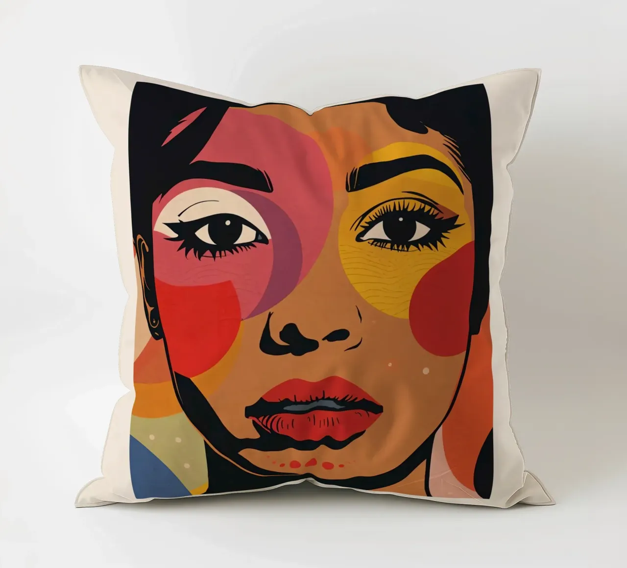 Ritratto di donna con illustrazione di forme geometriche colorate cuscino da DesignDoodle