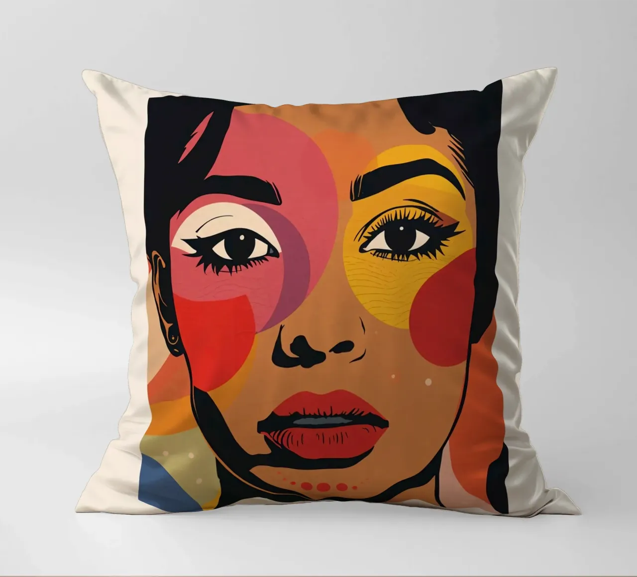 Ritratto di donna con illustrazione di forme geometriche colorate cuscino da DesignDoodle