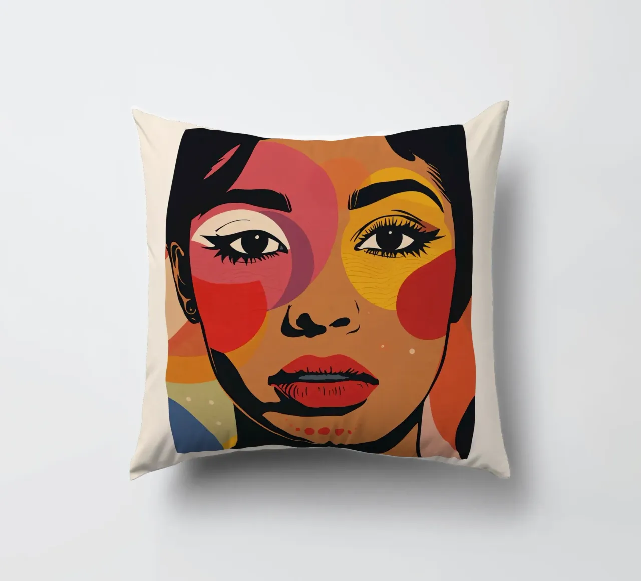 Ritratto di donna con illustrazione di forme geometriche colorate cuscino da DesignDoodle