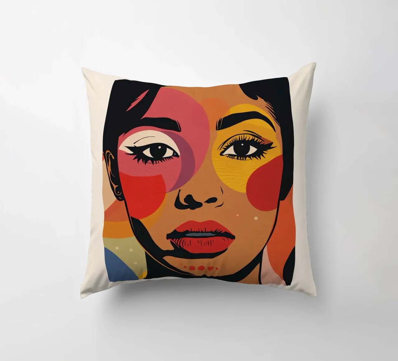 Ritratto di donna con illustrazione di forme geometriche colorate cuscino da DesignDoodle