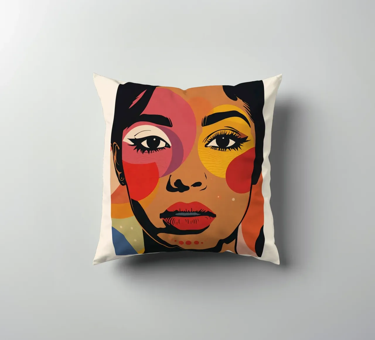 Ritratto di donna con illustrazione di forme geometriche colorate cuscino da DesignDoodle
